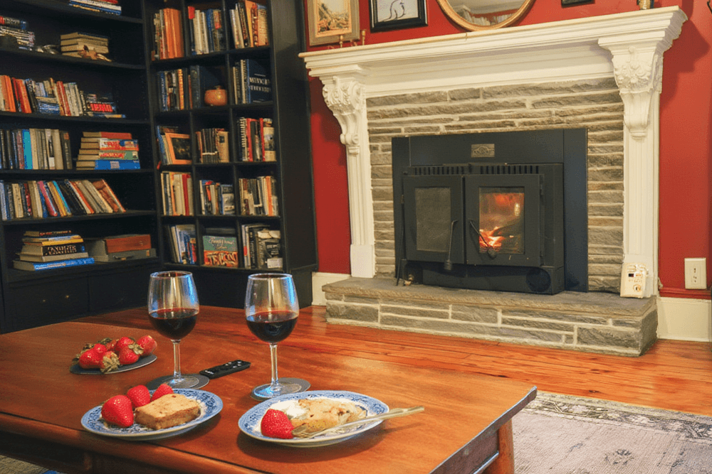A cozy living room scene featuring a fireplace, two glasses of red wine, plates with cake and strawberries, and a bookshelf filled with books.