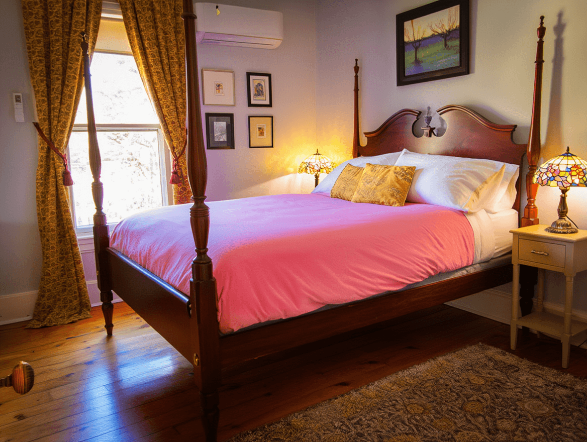 A cozy bedroom featuring a wooden bed with a pink blanket, framed artwork on the walls, and decorative lamps.