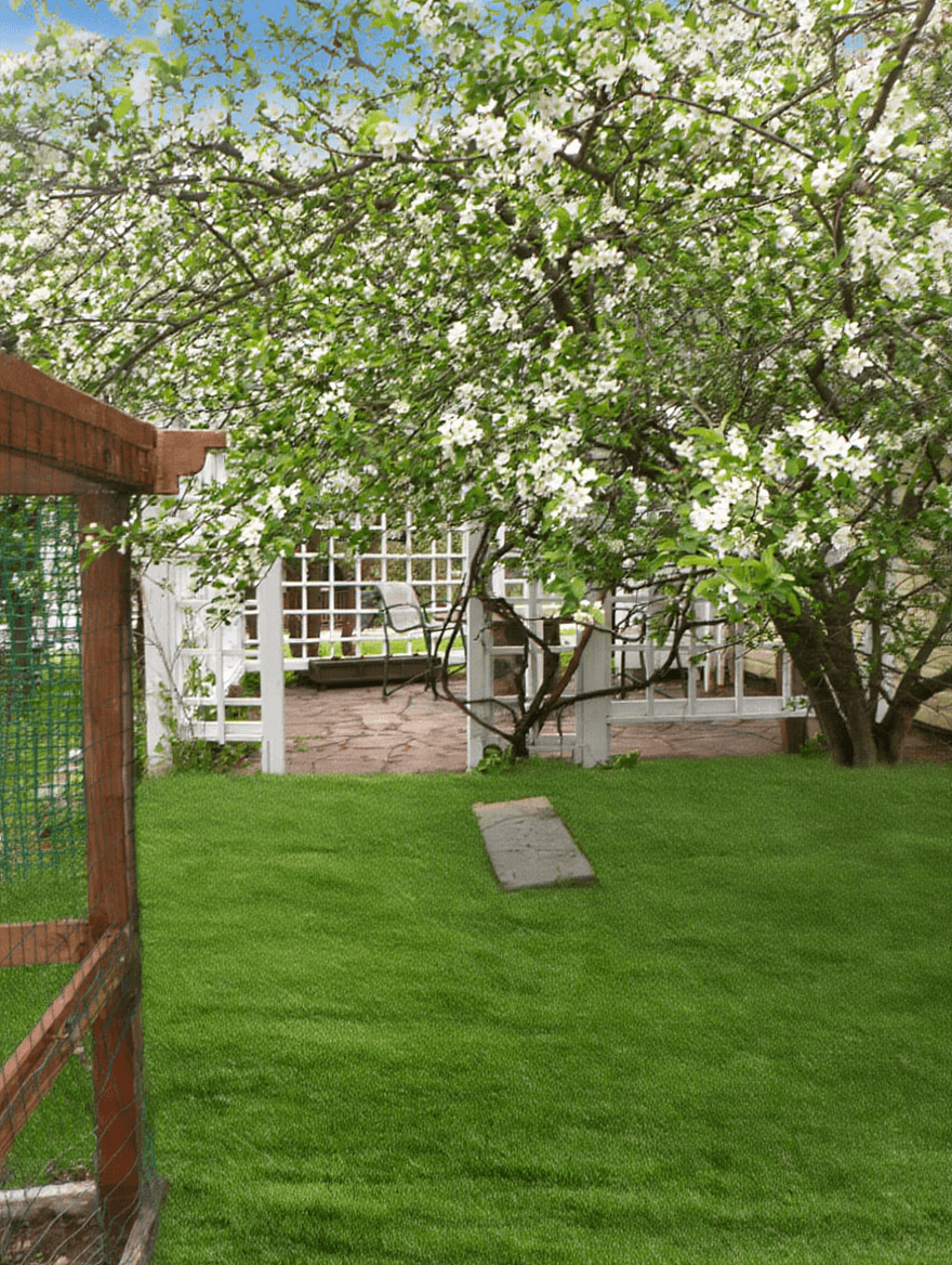 A lush green garden features a flowering tree and a seating area behind a wooden fence.