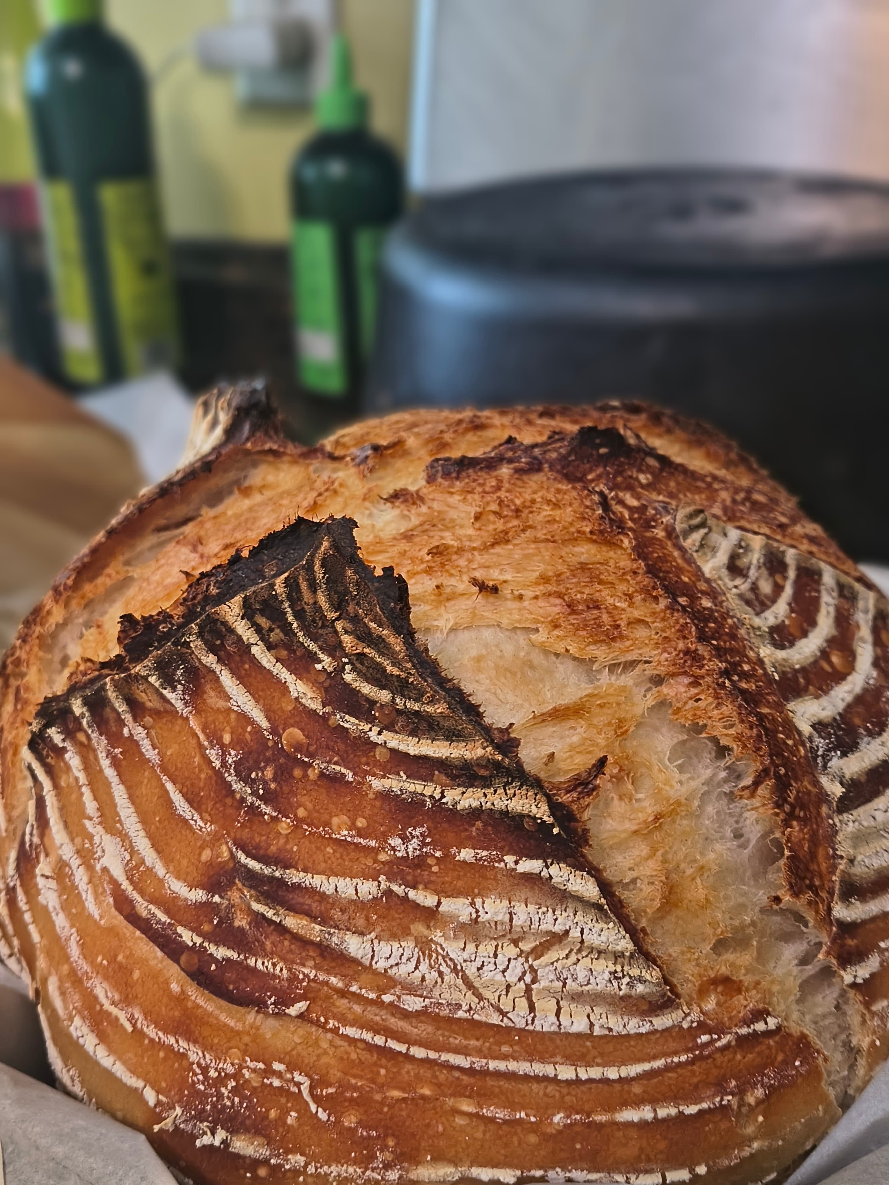 A freshly baked loaf of sourdough bread with a crusty, patterned exterior.